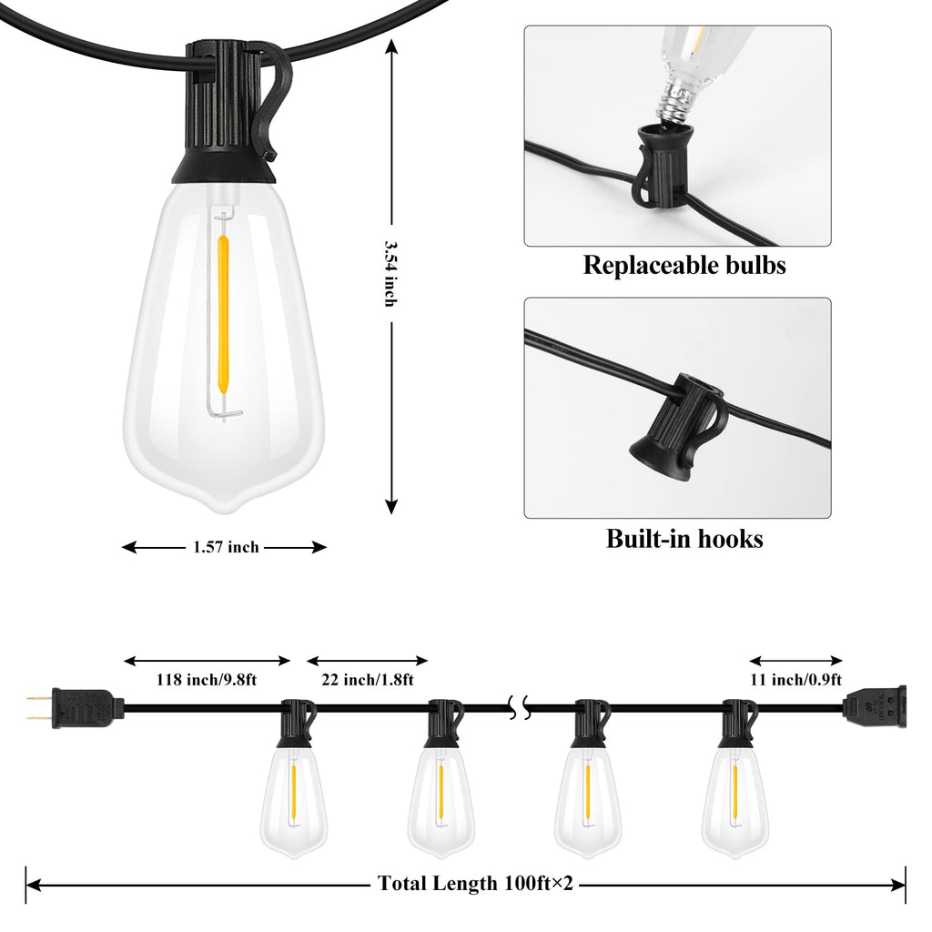 Brightever Outdoor String Lights 200FT Waterproof, Patio String Lights for Outside with 100+4 ST38 Shatterproof LED Filament Bulbs, Dimmable Hanging Lights for Christmas, Party, Cafe (2-Pack 100FT)