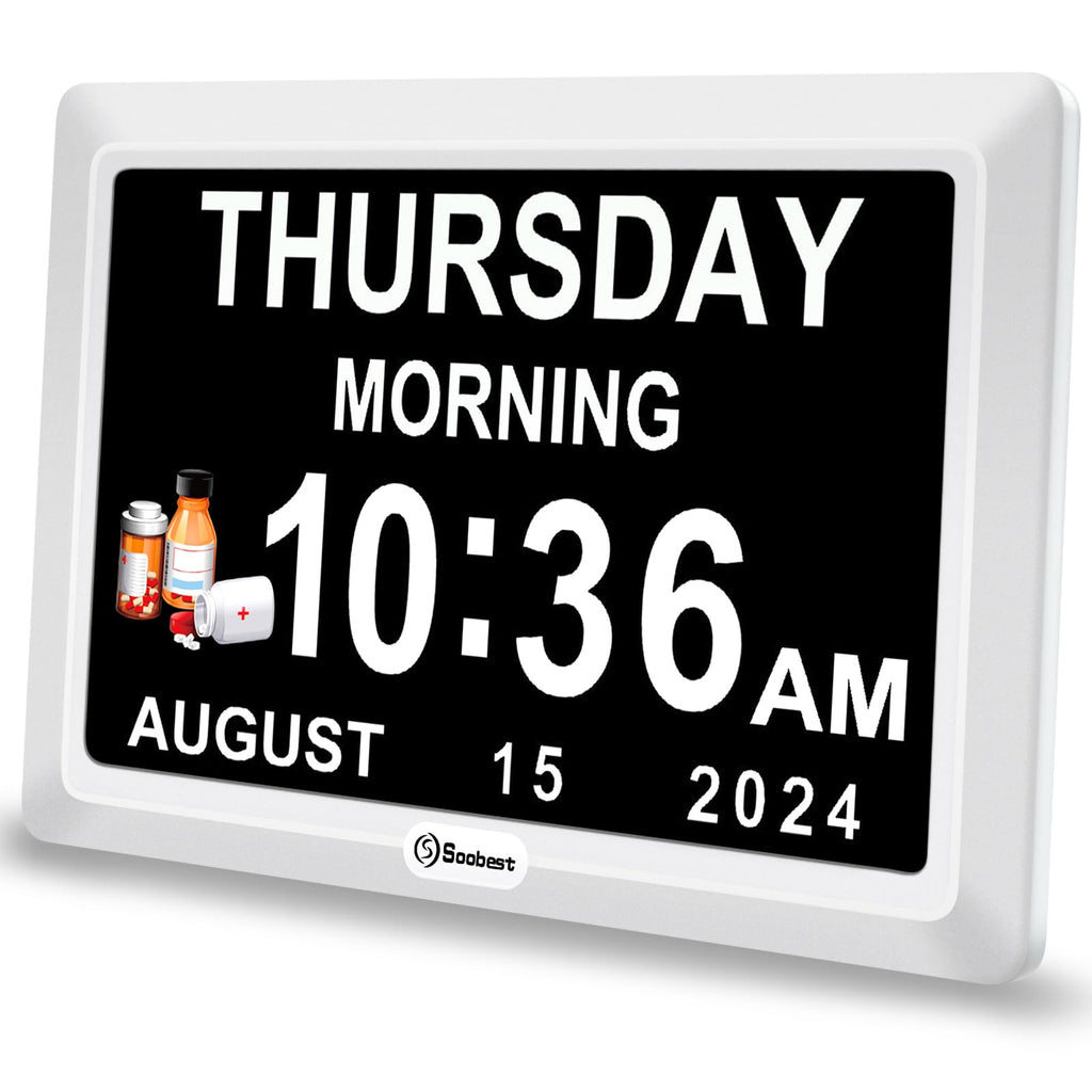 Soobest Digital Dementia Alarm Clock Large Display for Seniors, Plug in Electric Date Day of Week Calendar Clock 12 Alarms 3 Ringtones for Elderly Memory Loss Alzheimer’s, Auto DST (7" White)