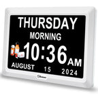 Soobest Digital Dementia Alarm Clock Large Display for Seniors, Plug in Electric Date Day of Week Calendar Clock 12 Alarms 3 Ringtones for Elderly Memory Loss Alzheimer’s, Auto DST (7" White)