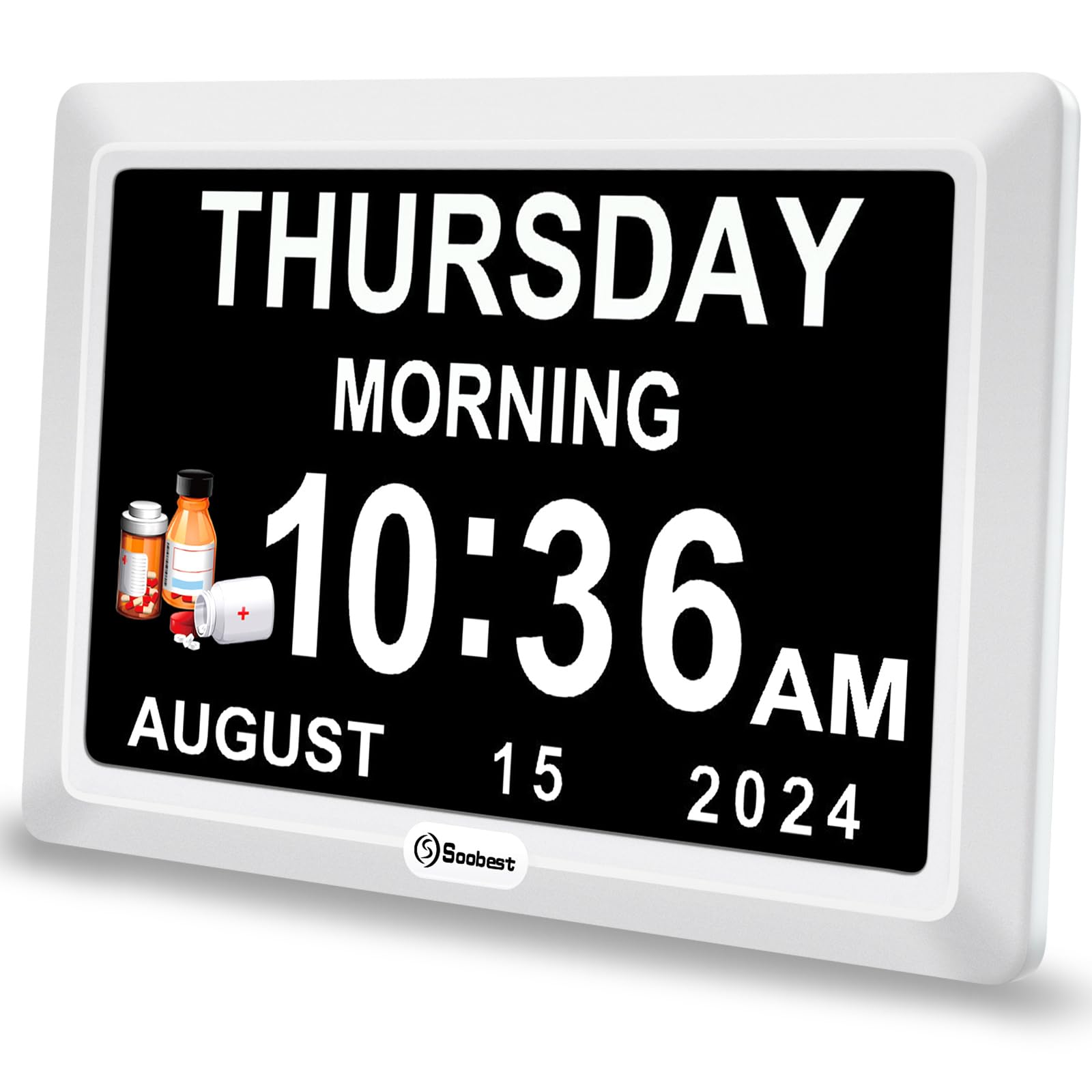 Soobest Digital Dementia Alarm Clock Large Display for Seniors, Plug in Electric Date Day of Week Calendar Clock 12 Alarms 3 Ringtones for Elderly Memory Loss Alzheimer’s, Auto DST (7" White)