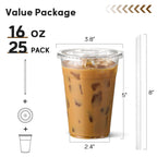 25 Pack - 16 oz Plastic Cups with Lids and Straws, Clear Iced Coffee Cups with Lids, Disposable Cups with Lids for Cold Drinks, Iced Tea, Milkshakes, Smoothies - Durable & BPA Free