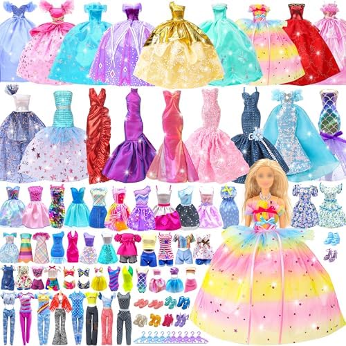 50 Pack Doll Clothes and Accessories, 4 Wedding Gowns 2 Evening Dresses 6 Fashion Dresses 6 Set Casual Outfits Top and Pant 2 Swimsuit Bikini, 20 Hanger 10 Shoe Toys for Girl Birthday Gift
