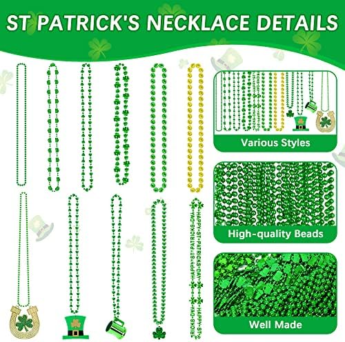 96PCS St. Patricks Day Necklace, 10 Kinds of St Patricks Beads Accessories, Metallic Irish Shamrock Beer Mug Coins Pendants Beads, Adult St Patricks Necklaces Bulk for Parade Party Supplies Favors