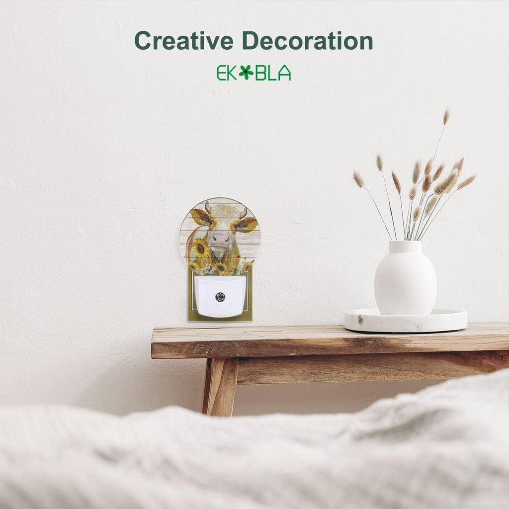 EKOBLA Rustic Farmhouse Cattle Night Light Cattle with Yellow Sunflower Night Lights Plug into Wall Auto on/Off LED Lamp Sleep Friendly for Boys Girls Seniors Elderly