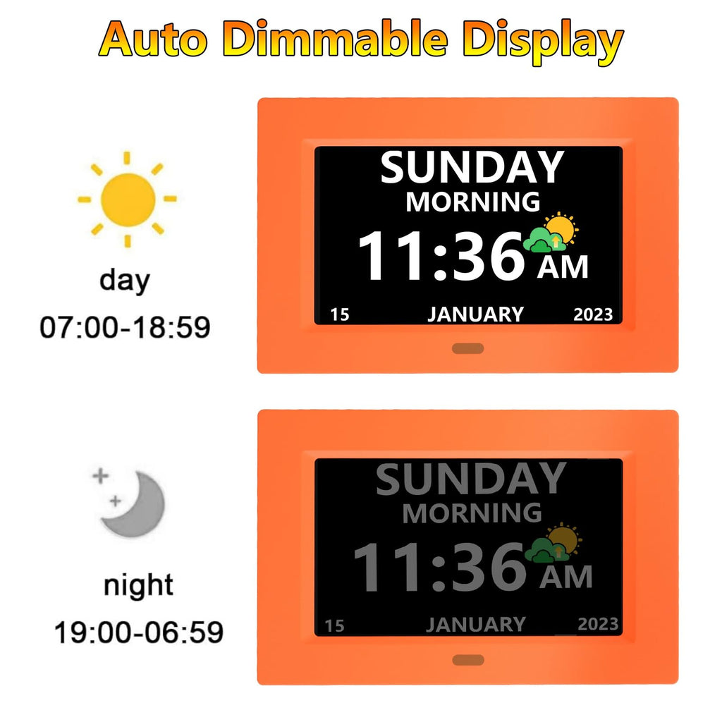 LXBYJKJ 7 Inch Digital Clock with Day and Date for Elderly Alzheimer's Dementia Clock Customizable Alarms 3 Display Modes Large Font Digital Alarm Clock for Seniors Orange