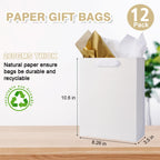 12 Pack White Gift Bags with Handles, Gift Bags Medium Size with Tissue Paper, White Paper Bags for Shopping, Small Business, Bridal Party, Wedding, Christmas and Holiday (10.6” x3.5” x8.3”)