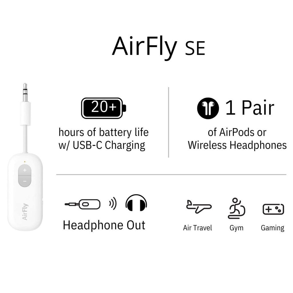 Twelve South AirFly SE | Bluetooth Wireless Transmitter/Adapter for AirPods/Wireless or Noise-Cancelling Headphones; use on Airplanes and Gym Equipment, 20+ hr Battery Life