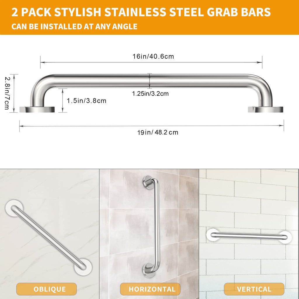 16 Inch Shower Grab Bar 2 Pack Polished Chrome SUS 304 Safety Grab Bars with Concealed Screws, 500lbs Support Assist Bath Handle Balance Bar for Handicap Elderly Pregnant Women for Christmas Gifts