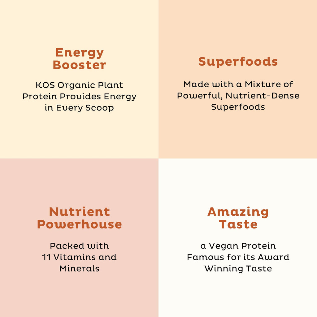 KOS Organic Vegan Protein Powder with 50mg Caffeine, Salted Caramel Coffee - Pea Protein Blend, Plant Based Superfood Rich in Vitamins & Minerals - Meal Replacement for Women & Men, 28 Servings