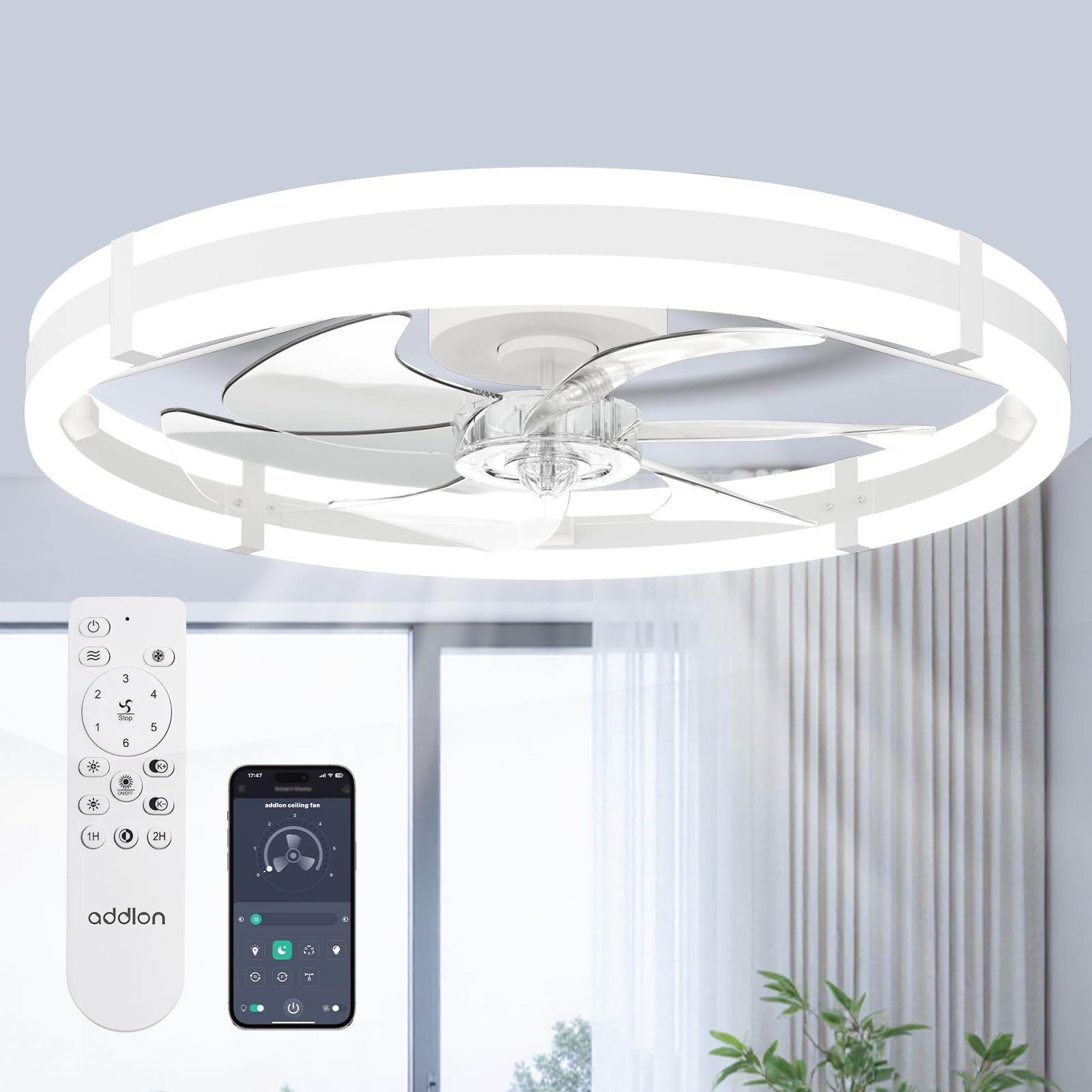 addlon 24'' Ceiling Fans with Lights and Remote, Low Profile Flush Mount Ceiling Fan with Light, 3000-6000K Dimmable LED Fandelier, Modern Small White Ceiling Fan for Bedroom, Kitchen, Living Room