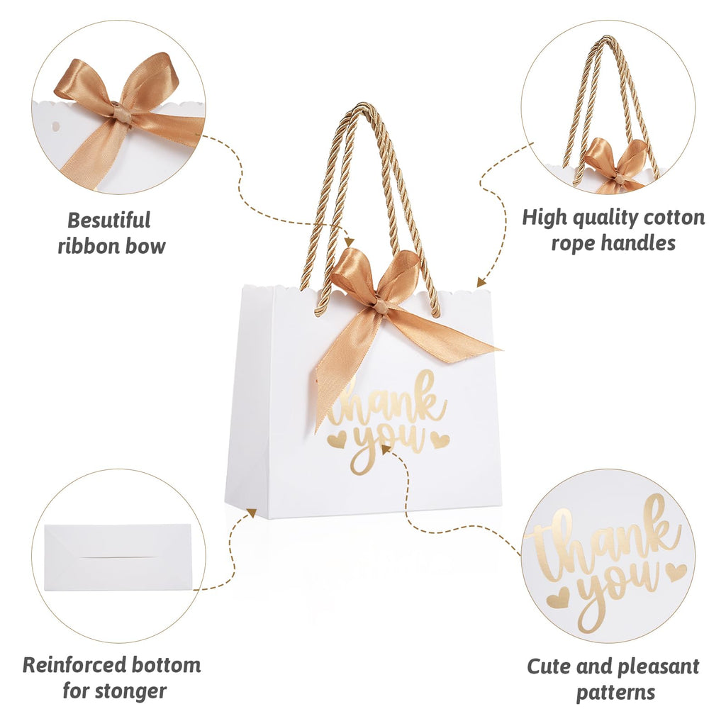 QIELSER 50 Pack Small Thank You Gift Bags with Handles, White Mini Party Favor Bags 5.5''x 2.5''x4.7'', Mini Gift Bags Bulk with Bow Ribbon for Valentine's Day, Bridal, Wedding, Baby Shower