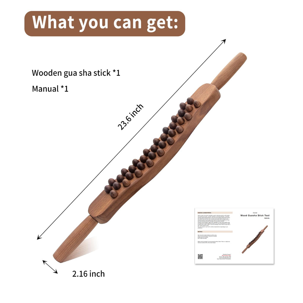 Goodtar Guasha Wood Stick Tools Wooden Therapy Scraping Lymphatic Drainage Massager, Double Row 34 Beads Point Treatment Gua Sha Tools for Back Leg (34 Beads)