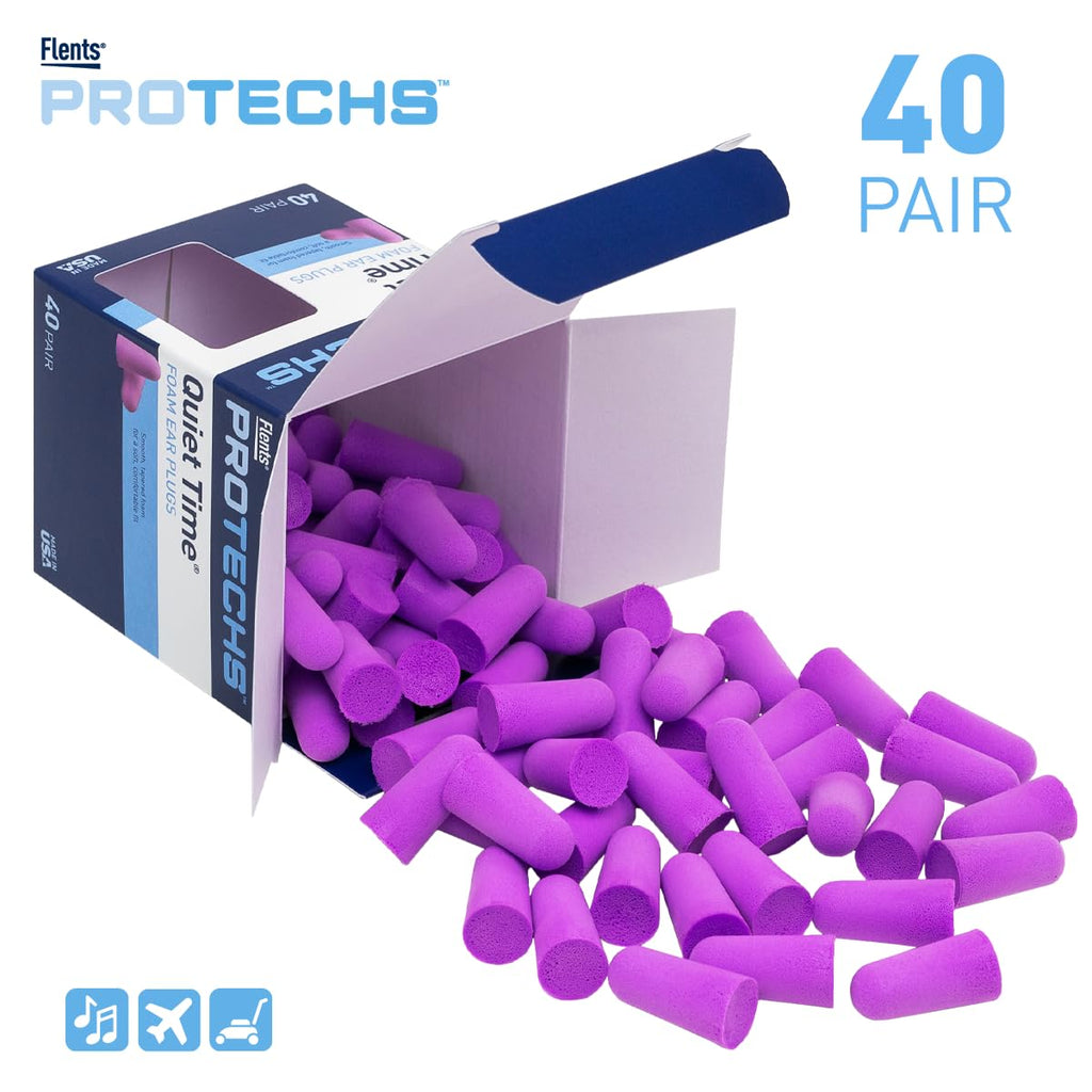 Flents Foam Ear Plugs, 40 Pair for Sleeping, Snoring, Loud Noise, Traveling, Concerts, Construction, & Studying, NRR 33, Purple, Made in The USA
