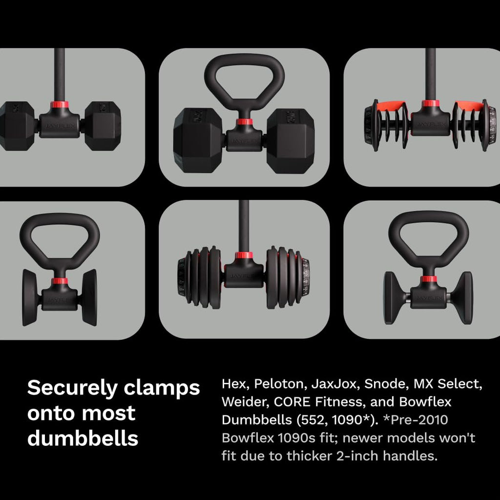 Jayflex Hyperbell Bundle - Convert Dumbbells to a Full Gym with Secure Barbell & Rotating Kettlebell Adapter Grip. Ideal for Weight Lifting & Home Workouts