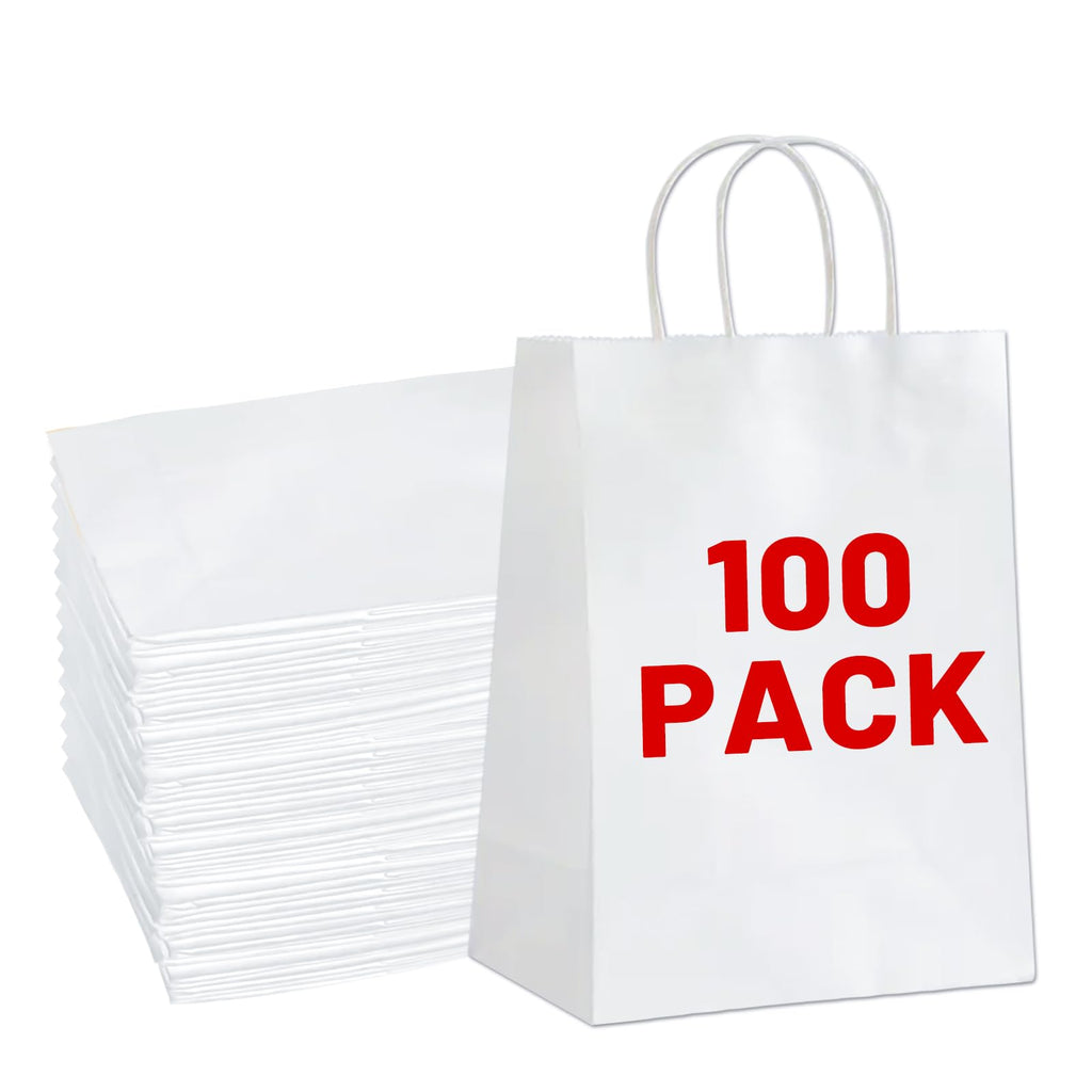 Gift Bags 8.25"x5.9 "x3.15" 100Pcs White Paper Bags with Handles,kraft paper Bags for Small Business Christmas Bulk Bags, Wedding Party Favor Bags,Shopping Lunch Bags, Halloween Trick-or-Treat (White)