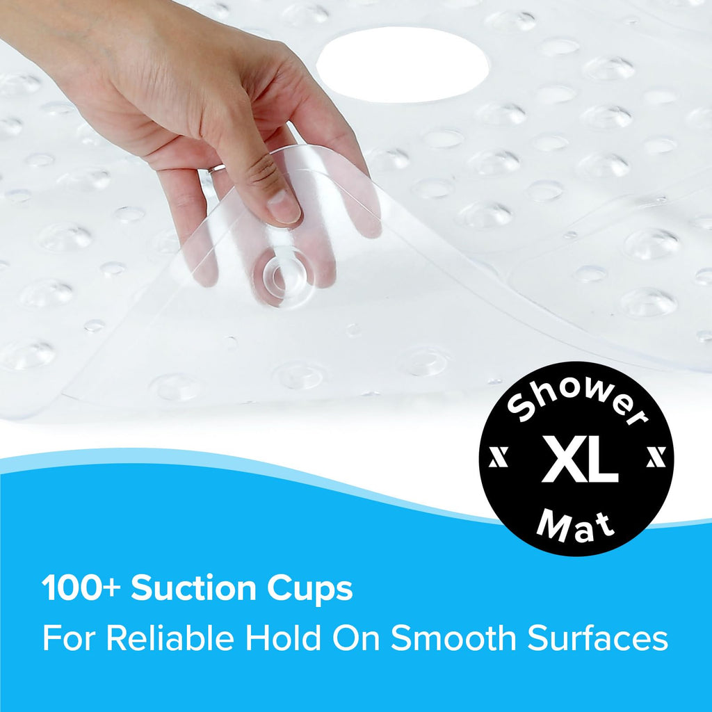 SlipX Solutions Extra Large Square Shower Mat, 27"x27", Non-Slip Stall Mat for Elderly & Kids Standing Bath Tub Mat, Machine Washable, Suction Cups, Clear