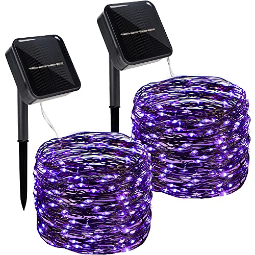 Twinkle Star 39.4 FT 120 LED Outdoor Solar String Lights, Solar Powered Halloween Decorative Fairy Lights with 8 Modes, Waterproof Black Wire Light Christmas Patio Yard Wedding Party, Purple, 2 Pack