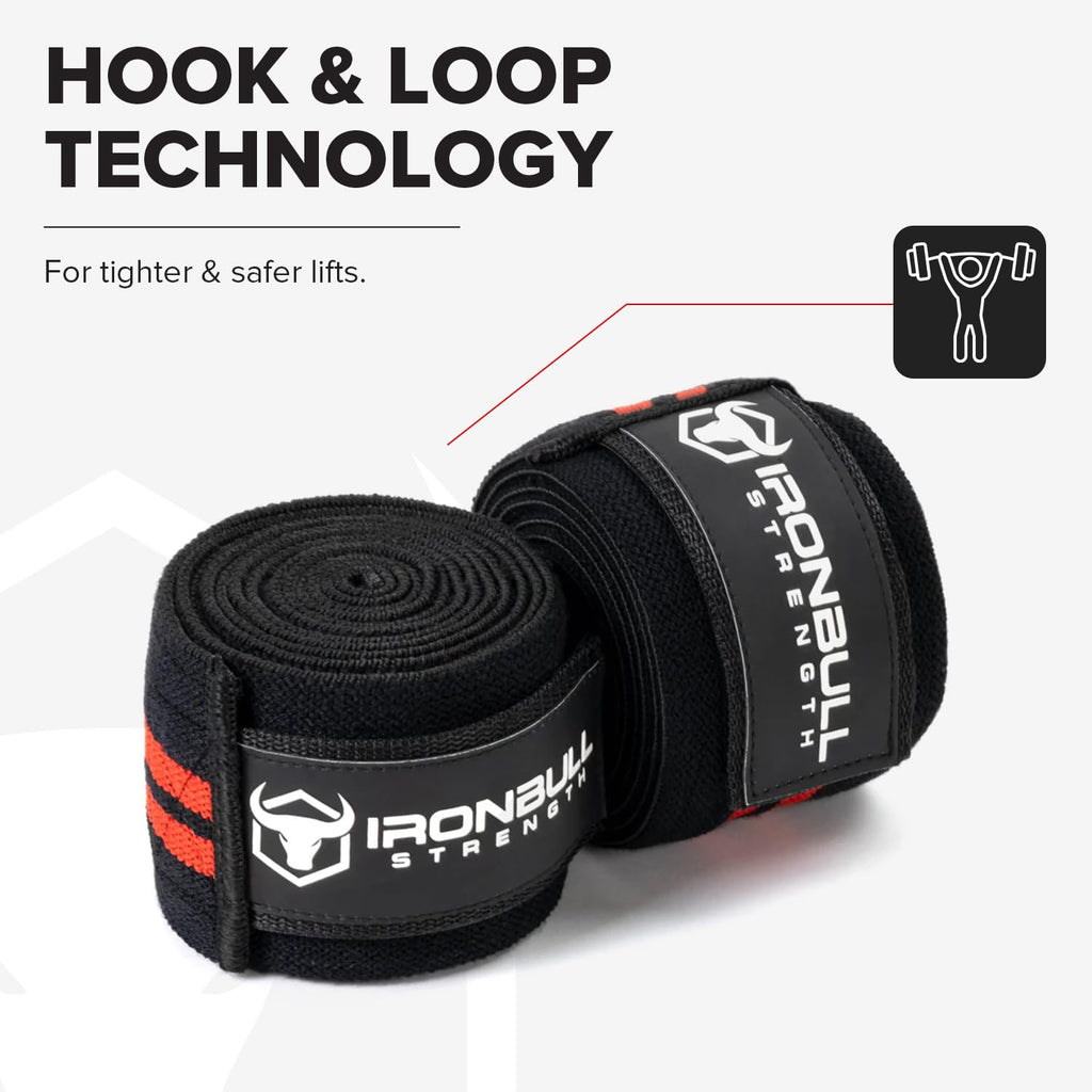 Iron Bull Strength Knee Wraps (1 Pair) - 80" Elastic Knee and Elbow Support & Compression - For Weightlifting, Powerlifting, Fitness, WODs & Gym Workout - Knee Straps for Squats (Black/Red)