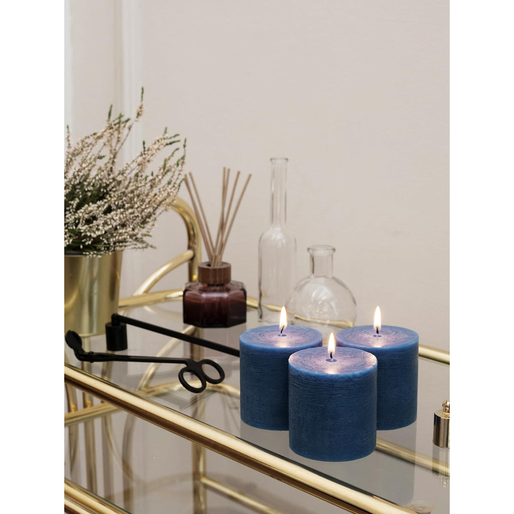 CANDWAX 3x3 Pillar Candle Set of 3 - Decorative Rustic Candles Unscented and No Drip Candles - Ideal as Christmas Candles or Large Candles for Home Interior - Dark Blue Candles