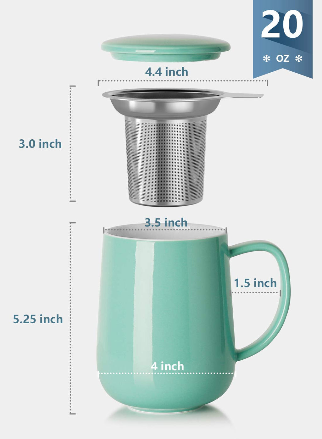 SWEESE 20oz Porcelain Tea Mug with Infuser and Lid, Loose Leaf Tea Cup, Gifts for Tea Lover - Mint Green