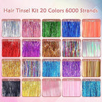 Hair Tinsel Kit (48 Inch, 20 Colors, 6000 Strands), Glitter Tinsel Hair Extensions with Tools - Fairy Hair Tinsel Heat Resistant Accessories for Women Girls Kids