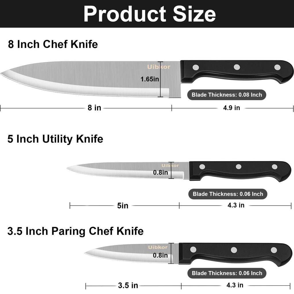 Kitchen Knife, 3-Pcs Knife Set, 8 Inch Chef Knife, 5 Inch Utility Knife, 3.5 Inch Paring Knife, Ultra Sharp Chef's Knives in High Carbon Stainless Steel, Ideal for Cooking, Chopping, Slicing and BBQ