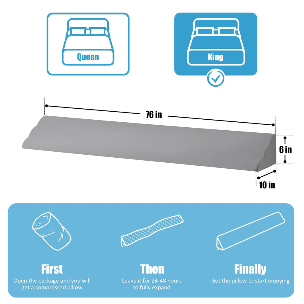 MEGCXIT King Bed Wedge Pillow for Headboard, Bed Gap Filler, Triangle Pillow Wedge for Headboard Gap, Bolster Pillows for Beds, Anti-Slip Mattress Wedge Gap Filler, 76"×10"×6", Grey