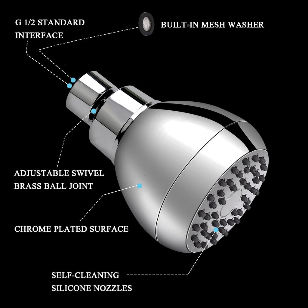 High Pressure Shower Head 3 Inches Anti-clog Anti-leak Fixed Showerhead Chrome with Adjustable Swivel Brass Ball Joint for Relaxing and Comfortable Shower Experience