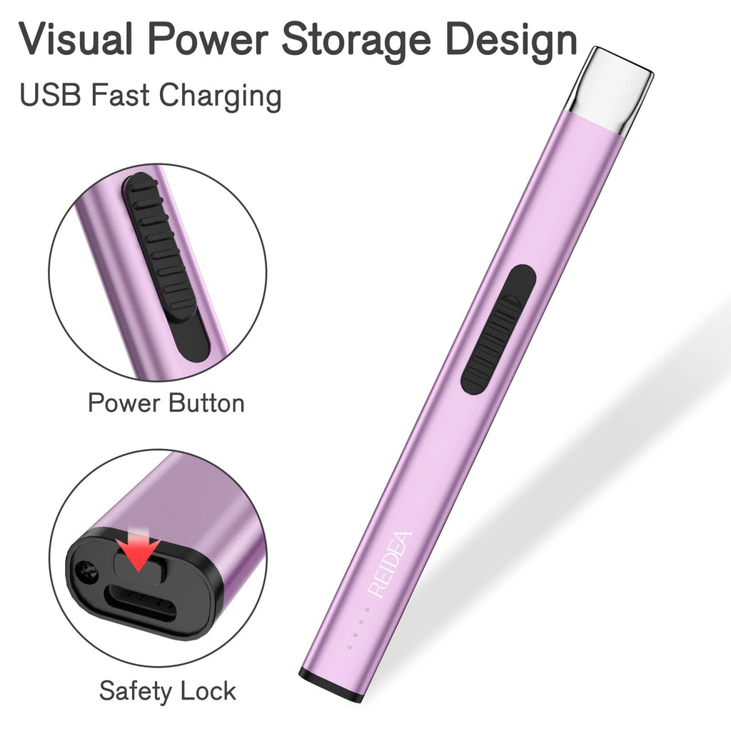 REIDEA Lighter Electronic Candle Lighter USB Rechargeable with Security Lock, Windproof Fast Heat Sinking, Non-Slip Switch Electronic Lighter for Candle, Grill, Camping (Lavender Purple)