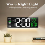 JALL 16" Large Digital Wall Clock Timer, Remote Controll, 2 Alarms, LED Display, 8 RGB Color, Auto DST, Temperature for Living Room, Bedroom, Desk, Mounted, Gift for Elderly (White Green, 16 inches)