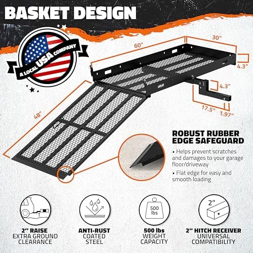 Mockins XL 60"x30"x5" Folding Hitch Cargo Carrier with Ramp | Heavy Duty Trailer Hitch Basket Cargo Carrier with Portable Wheelchair Ramp | 500 Lbs. Cap Weatherproof Steel Scooter Rack & Accessories