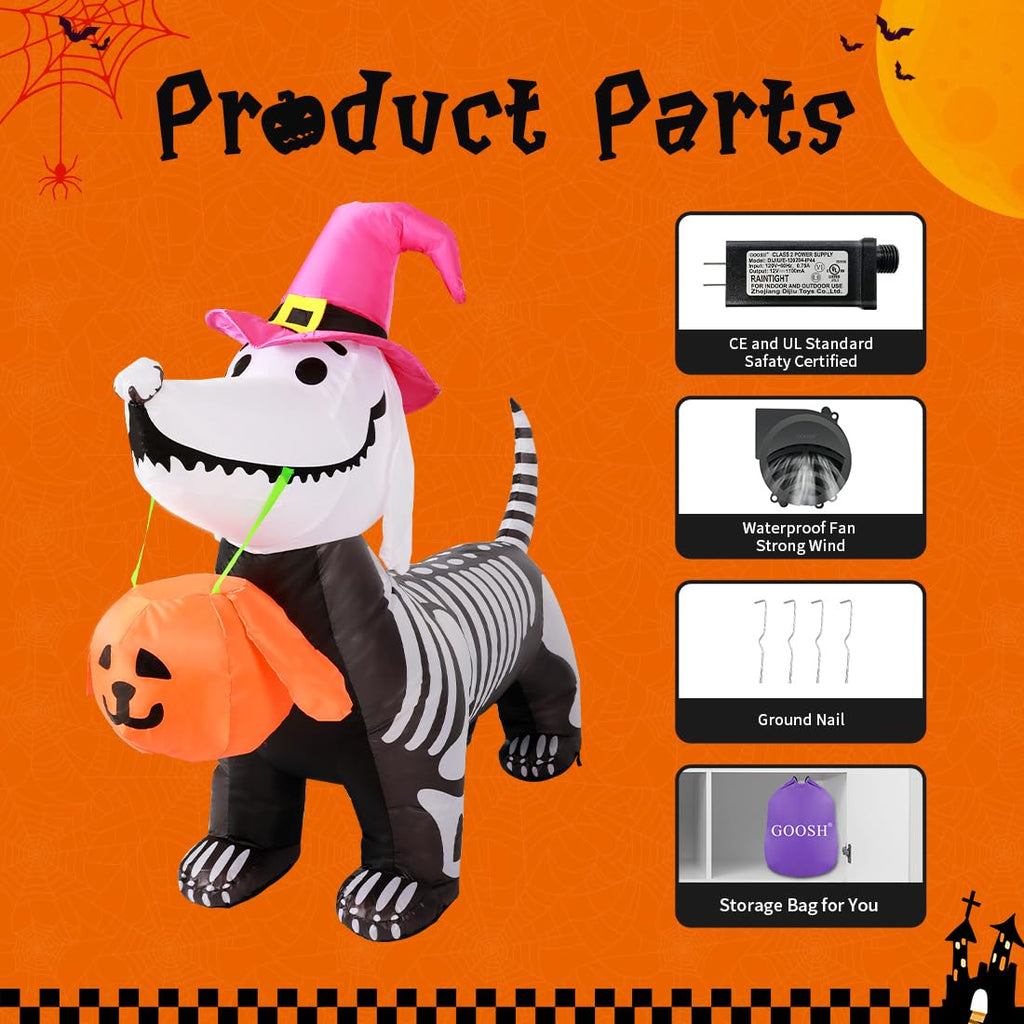 GOOSH 5Ft Halloween Inflatables Outdoor Decorations Skeleton Puppy Inflatable Yard Decoration with Build-in LEDs Blow Up Pumpkin for Halloween Party Indoor Outdoor Yard Garden