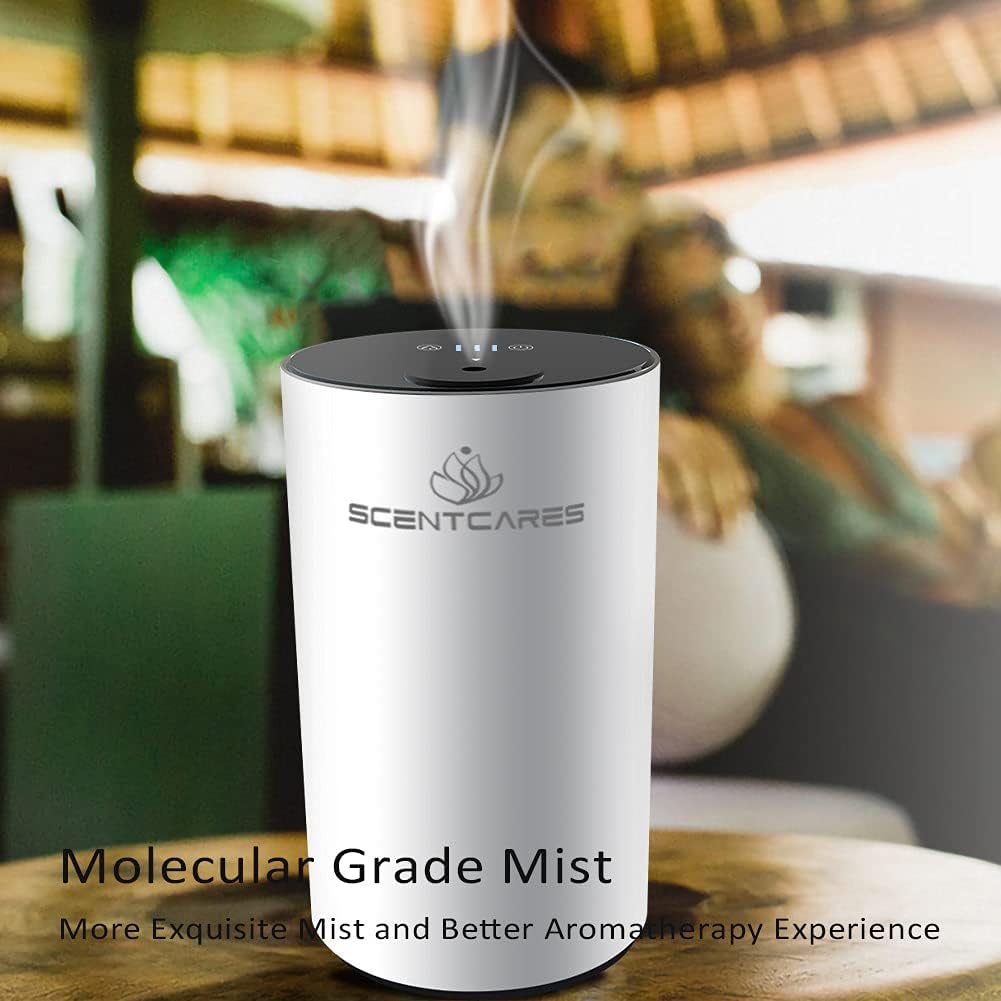 Scentcares Waterless Diffuser Essential Oil Nebulizer Battery Operated, No Water & Portable & Smart & Cordless Design, Aromatherapy Atomizing Diffuser for 3 Cold Mist & Timer 1/2/3H (White)