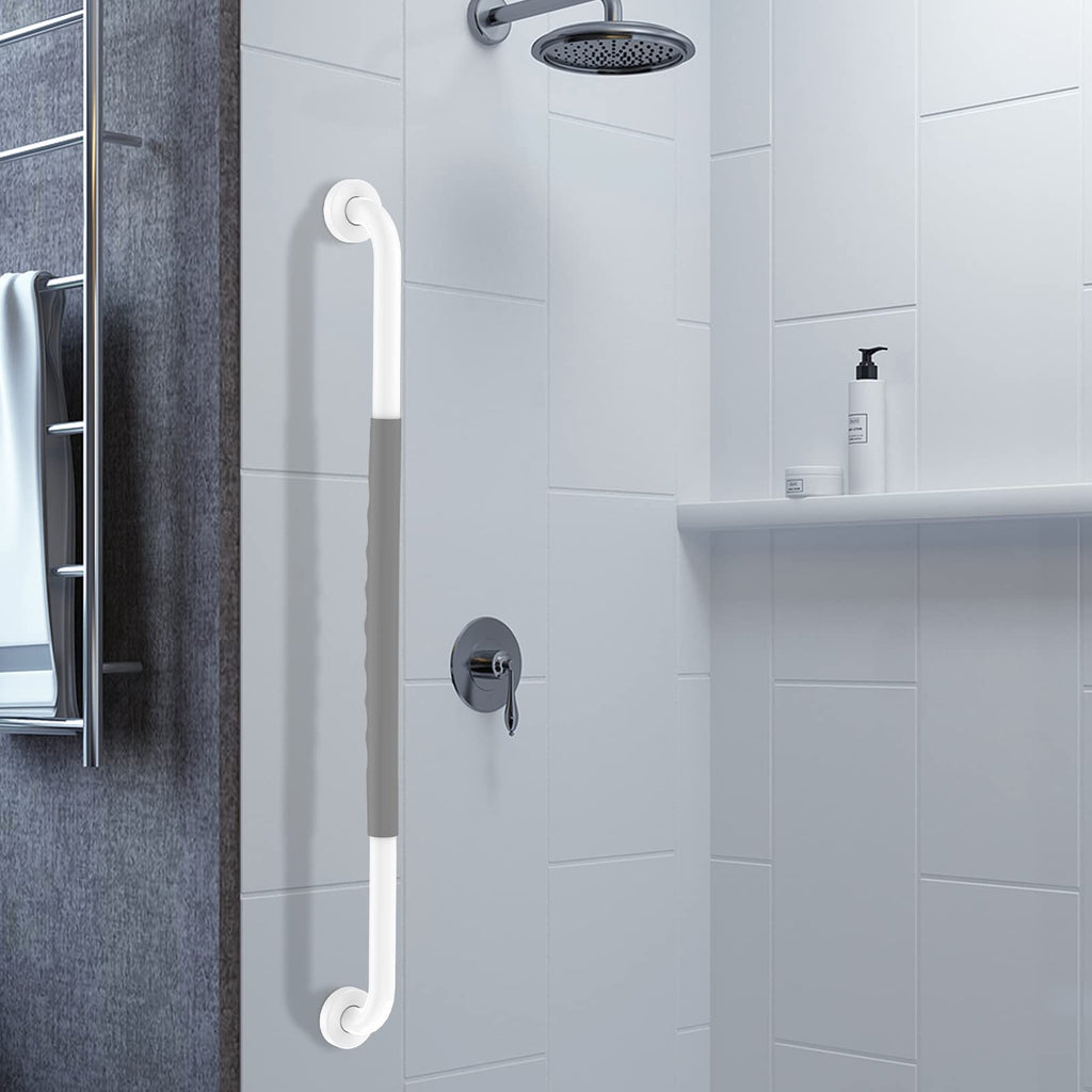 32 Inch Anti Slip Shower Grab Bar, Munzong White Stainless Steel Bathroom Grab Bar w/Gray Rubber Grip, Bathroom Balance Bar,Safety Handrail Support,Handicap Elderly Senior Assist Bath Handle