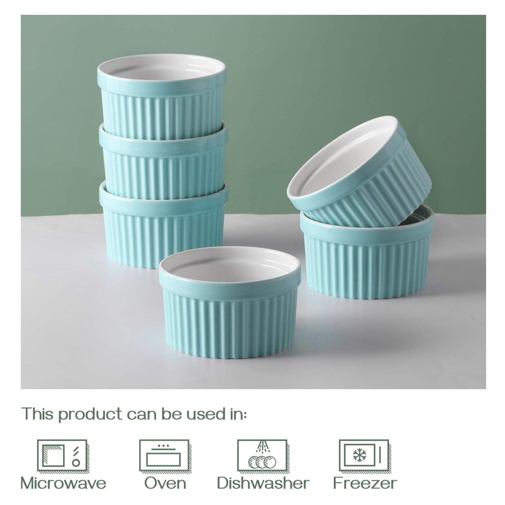 DOWAN 10 oz Porcelain Ramekins - Oven Safe for Creme Brulee & Souffle, Classic Style Baking Bowls, Set of 6, Blue
