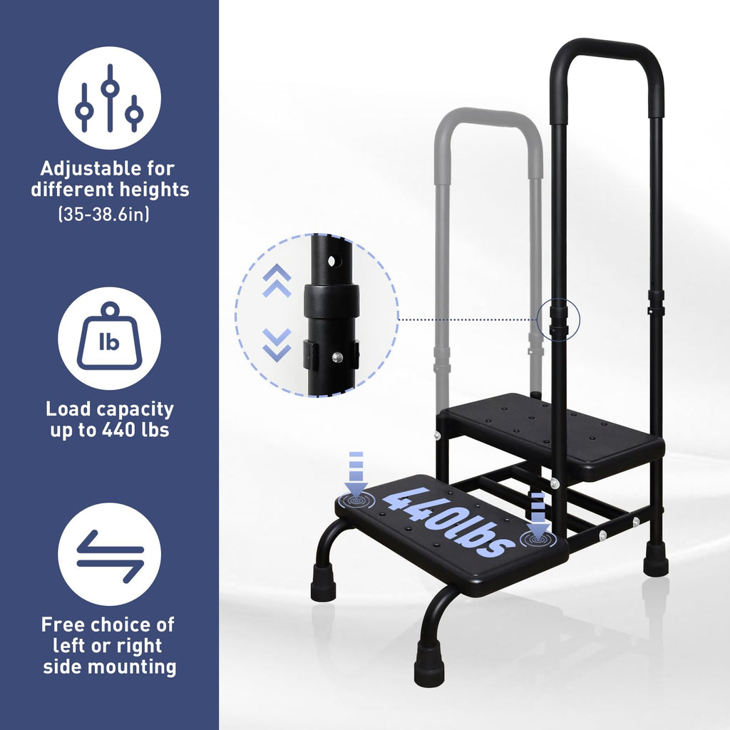 YHK Step Stool with Handle for Elderly, Heavy Duty 2 Step Stool with Handrail, Bedside Steps for High Beds for Adults, Seniors, and People with Mobility Impairments, Maximum Weight Capacity 440 lbs