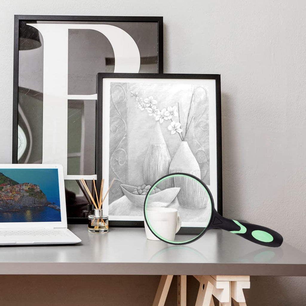 GYANDULY Large Magnifying Glass 10X Handheld Reading Magnifier for Seniors & Kids - 100MM 4INCHES Real Glass Magnifying Lens for Book Newspaper Reading, Insect and Hobby Observation, Classroom Science (Green)