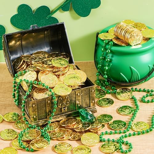 JOYIN 120 Pcs St. Patrick’s Day Gold Coins, Plastic Gold Coins Bulk with Shamrock, Leprechaun, Cauldron & Hat Patterns, St Patricks Accessories Games Gifts Decorations, Party Favors & Party Supplies