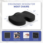 Memory Foam Seat Cushion - Tailbone Pain Relief Cushion, Non-Slip Sciatica Pain Relief Pillow - for Office Chair, Car, Wheelchair, Computer, Desk Chair - Coccyx, Lower Back Support (Black)