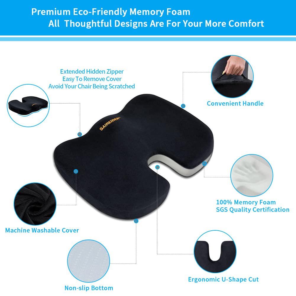 SAIREIDER Office Chair Cushion, Car Seat Cushion, Memory Foam Coccyx Cushion Pads for Tailbone Pain, Sciatica Relief Pillow, Correct Sitting Posture (Black)