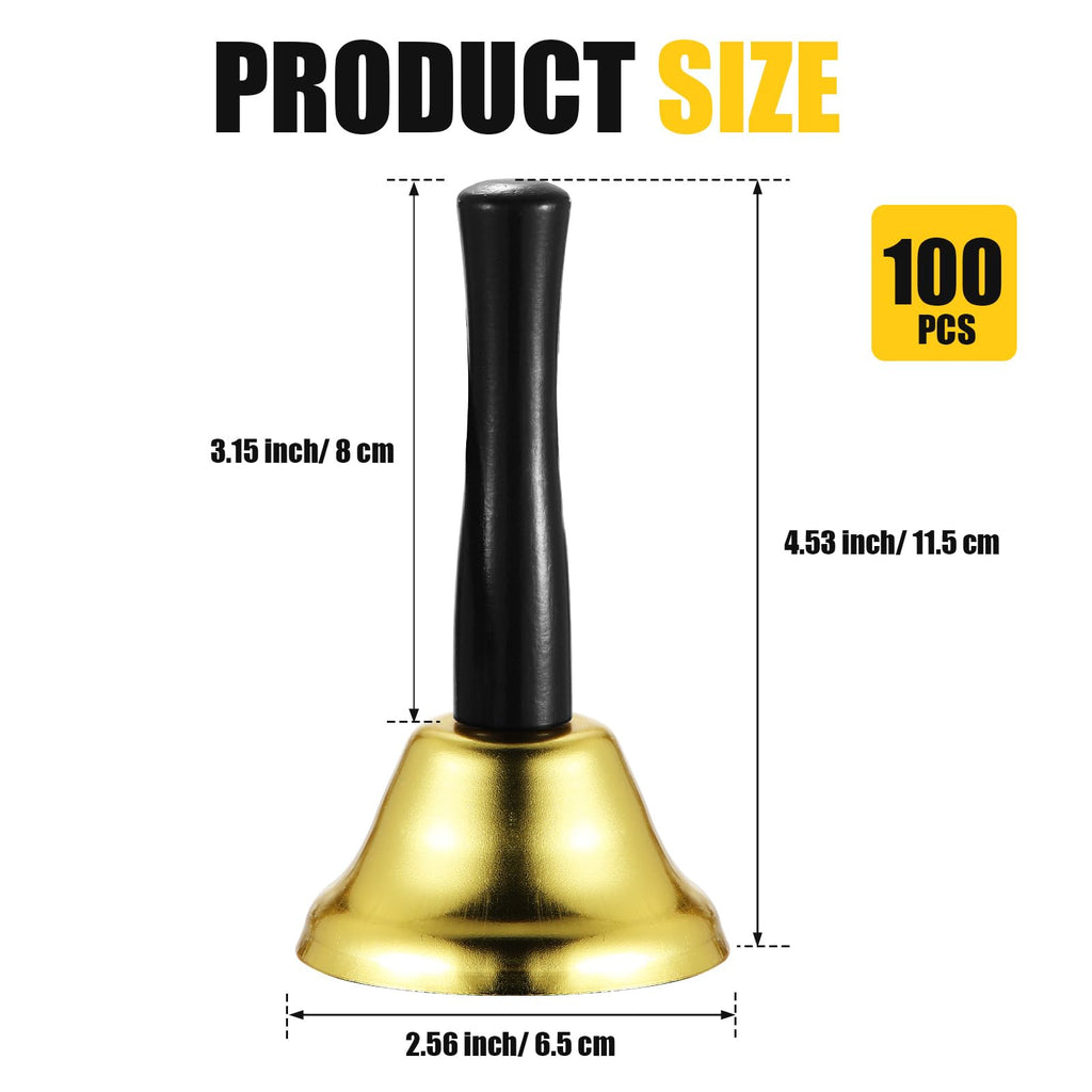 Fumete 100 Pcs Metal Ringing Bells Wedding Bells Dinner Service Call Bell Steel Handbells with Wooden Handle for Wedding Decors Schools Musical Percussion The Sick Elderly Alert(Gold)