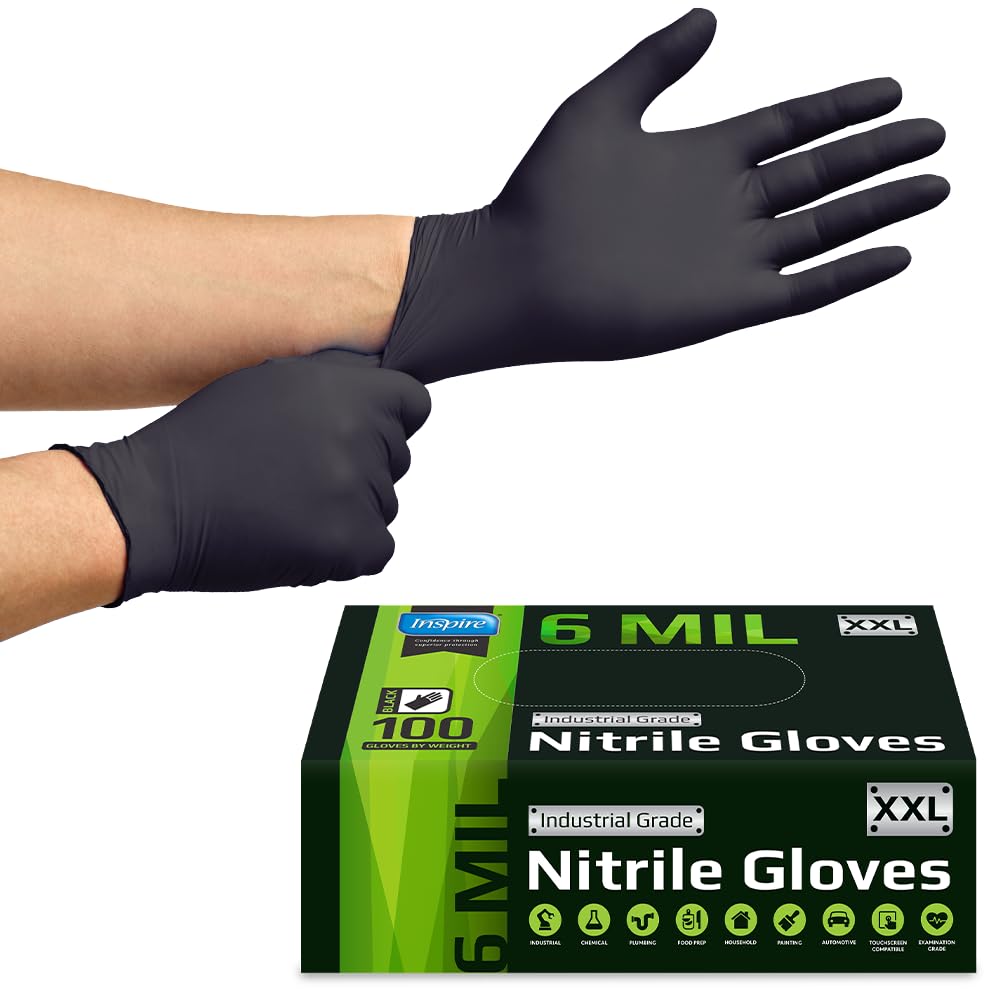 Inspire Black Nitrile Gloves HEAVY DUTY 6 Mil Nitrile Chemical Resistant Medical Cooking Cleaning Disposable Black Gloves (Large, 100, Count)