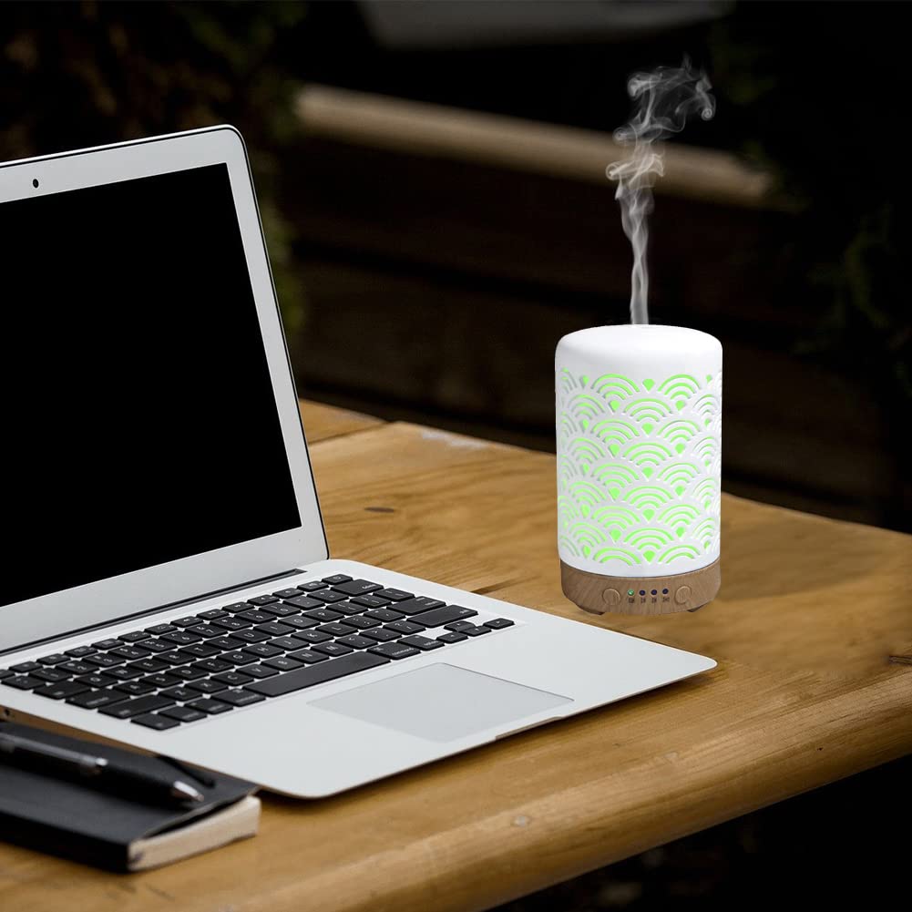 Ceramic Ultrasonic 100ml Aromatherapy Diffuser with Lavender Lemon Orange Peppermint Essential Oils Handcrafted Mist Humidifier Diffuser 7 LED Colors Changing Lights for Home Office
