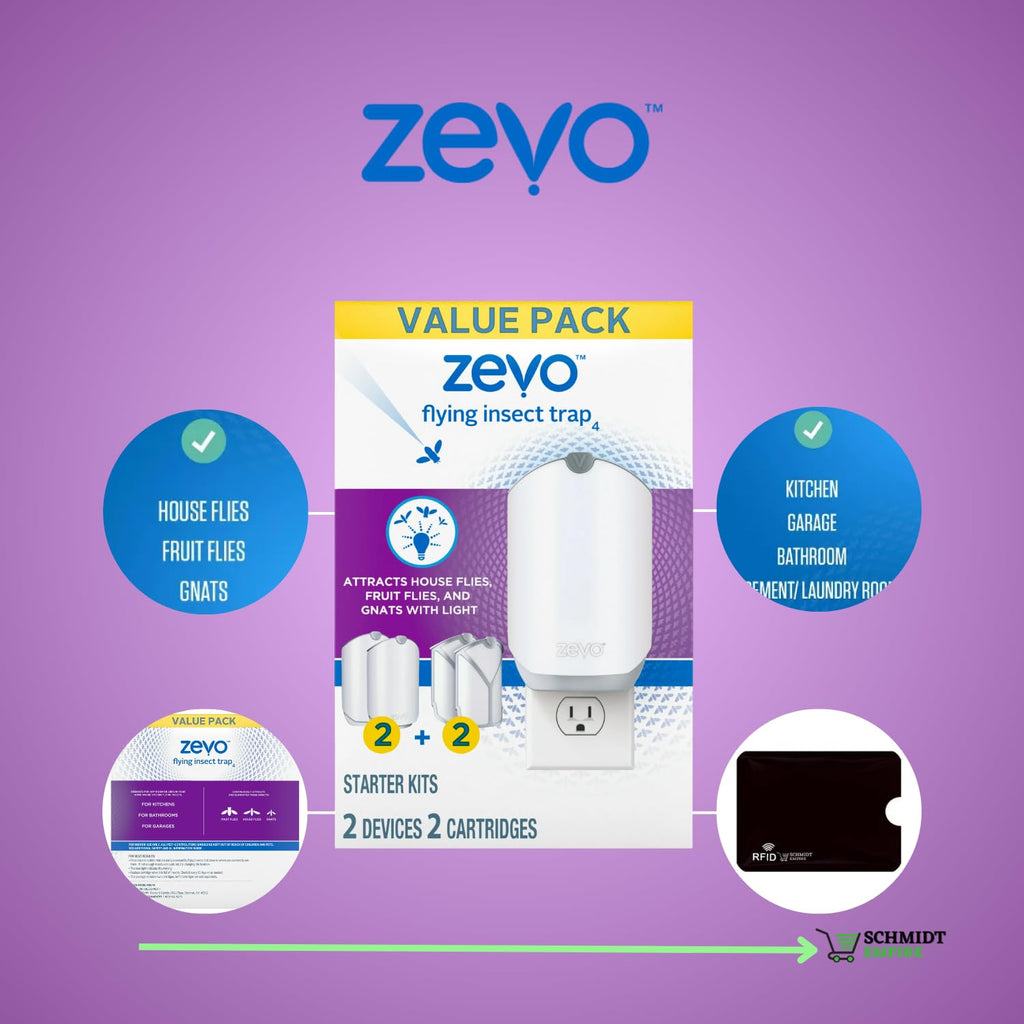 Zevo Indoor Flying Insect Trap Fly (Refill + Device) Includes Bundle Multi-Pack(2 Plug-Ins Plus 2 Refills) + 1 Card Protector SchmiidtEmpire + Sticker