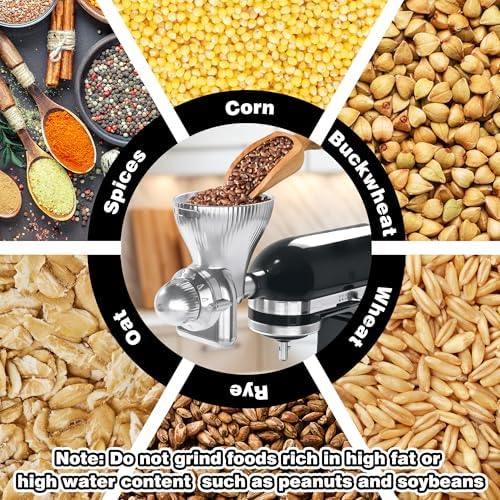 GLINK All Metal Grain Mill Attachment Fit for KitchenAid Stand Mixer,12 Levels Flour Grinder Accessories, Grain Mill Attachment Fit for Grinding Wheat, Corn, Oats, Buckwheat, Millet and Other Cereals