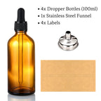 4 Pack, 100ml Dropper Bottles with 1 Funnel & 4 Labels - Essential Oils Bottles for Health, Personal Care & Beauty - 3.4oz Thick Dark Amber Glass Tincture Bottle with Eye Droppers, Leakproof