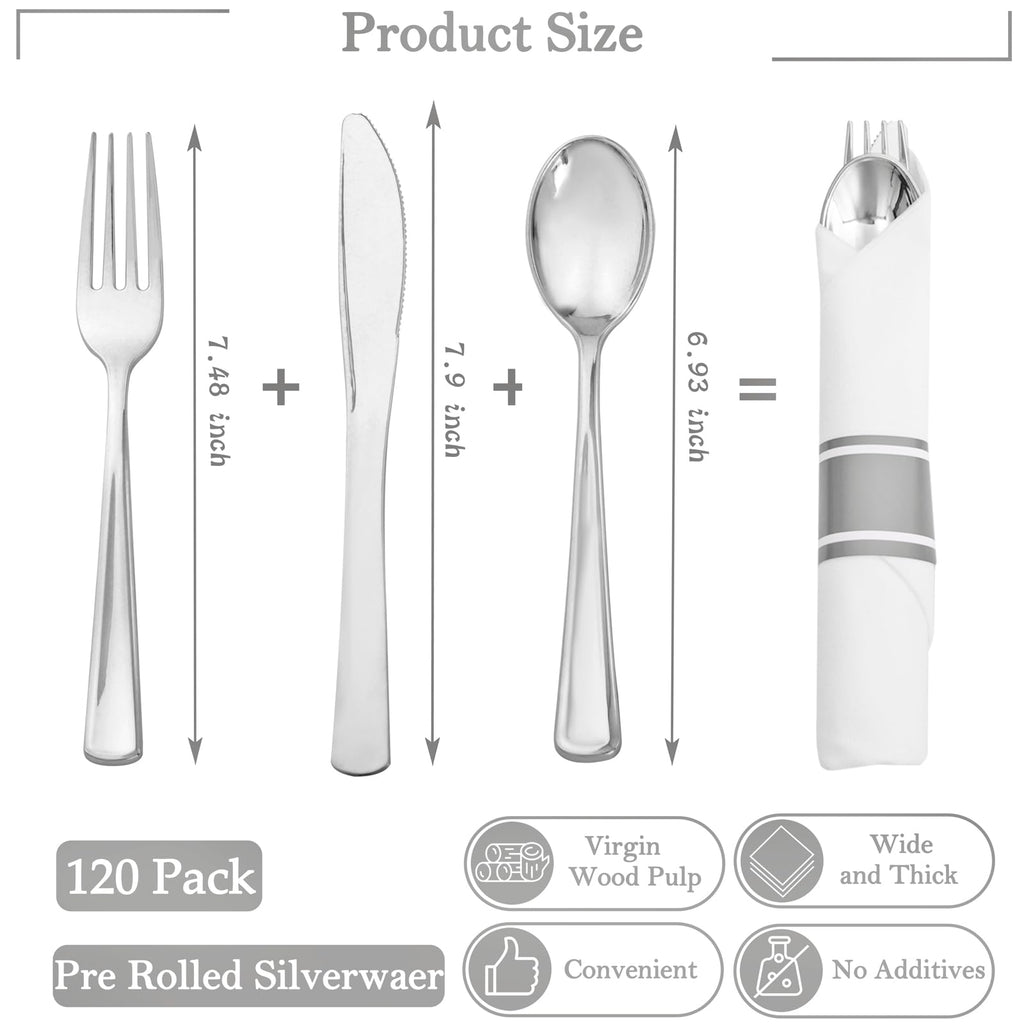 Supernal 30 Pack Silver Plastic Silverware,Rolled Plastic Silverware,Pre Rolled Napkins with Plastic Cutlery Set,Wrapped Plastic Cutlery Set with Napkin,Silver Plastic Forks,Disposable Dinnerware Set