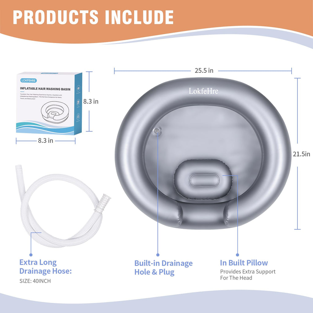 LOKFEHRE Large Portable Inflatable Hair Washing Basin for Bedridden - Wash Hair in Bed with Inflatable Shampoo Bowl.For Elderly,Disabled,Injured,Ideal Inflatable Sink for Locs Detox (Silvery)
