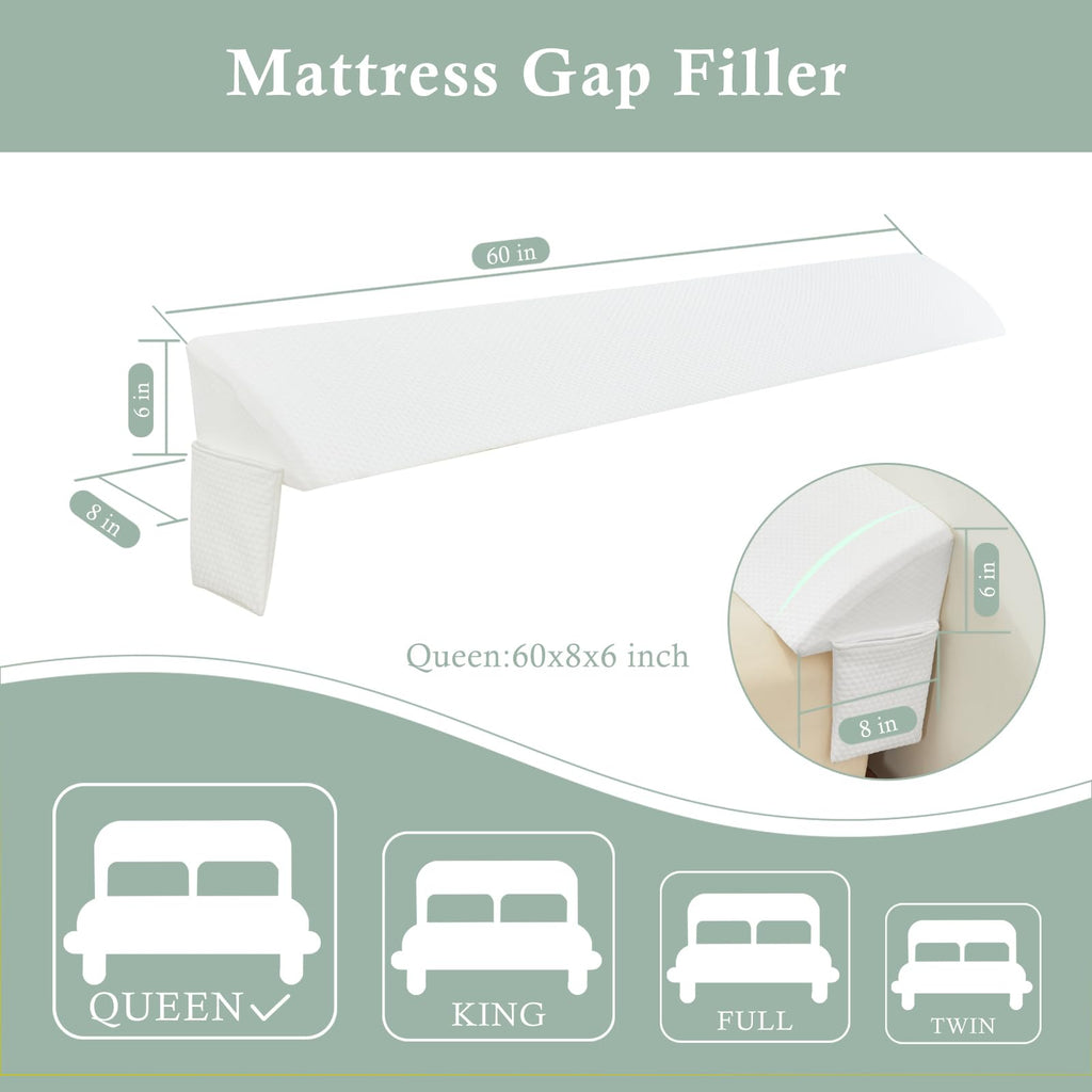 Voctriam Bed Wedge Gap Filler Queen (60"x 8"x 6") Wedge Pillow for Headboard Gap 0-8" Mattress Gap Filler Pillow Fill The Gap Between Mattress and Wall with 2 Side Large Pockets, Bed Pillow Stopper