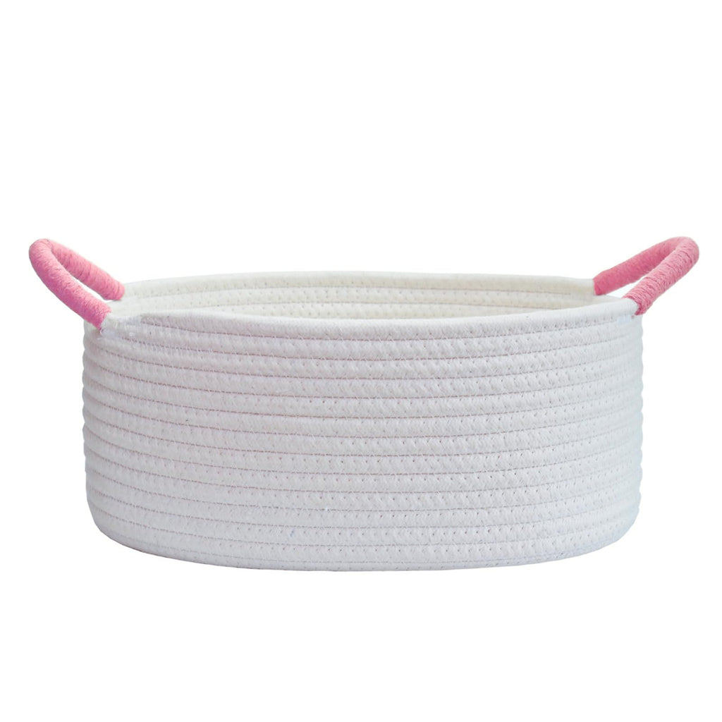 Yimi's Dream Baskets for Gifts Empty, Small Storage Baskets for Shelf, Decorative White Woven Baskets with Pink Handle for Mom, Nursery, Baby Shower, Christmas(Oval, 12"x 8"x 5")